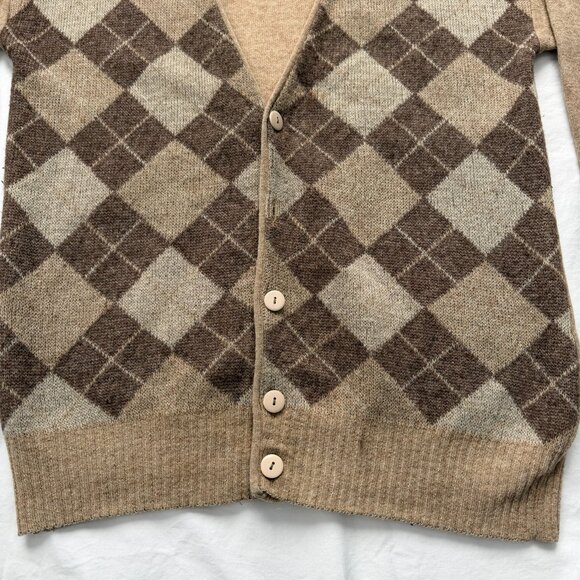 VINTAGE 70s Argyle Indie Grunge Grandpa Tan Brown Cardigan Sweater M/L - Picture 5 of 12